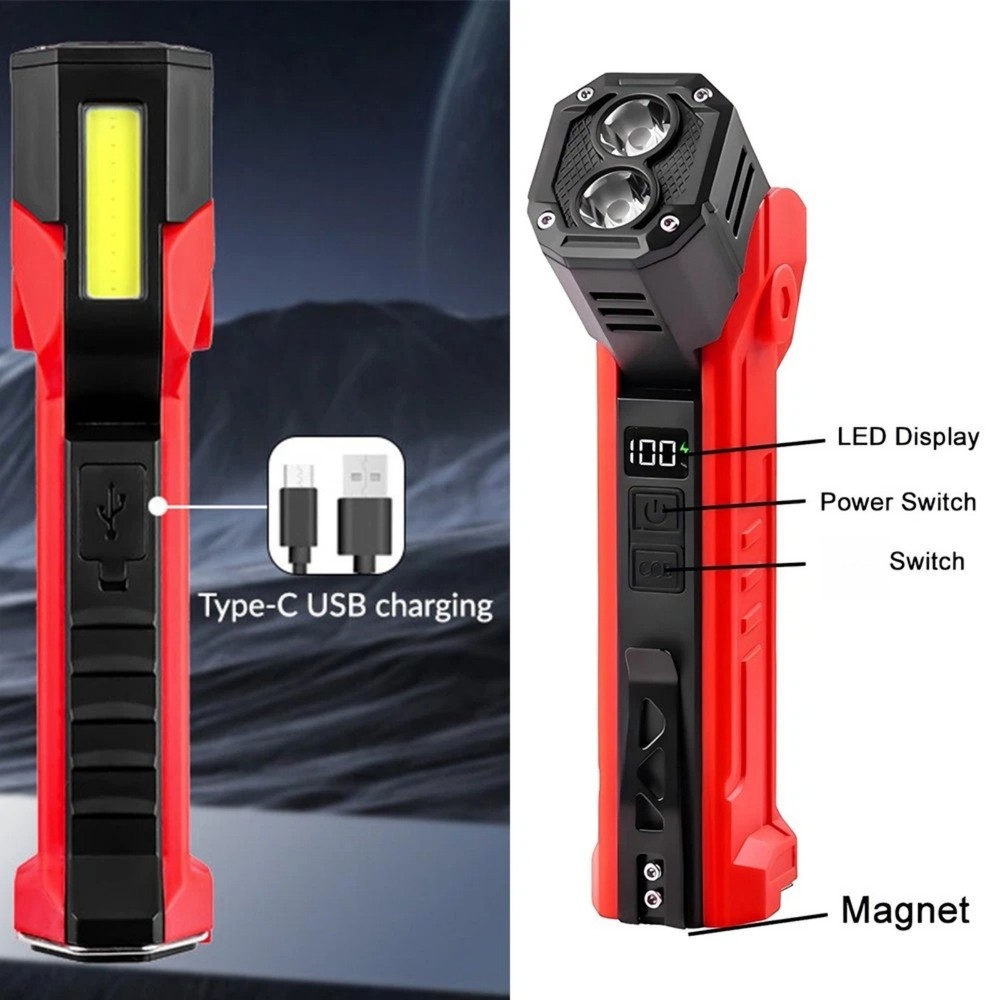 Rechargeable LED Work Light 600LM Red Color Magnetic Base Portable Flashlight