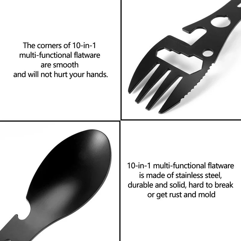 1pc Multifunction Camping Fork Spoon Bottle Opener Survival Tool Black - NEW
