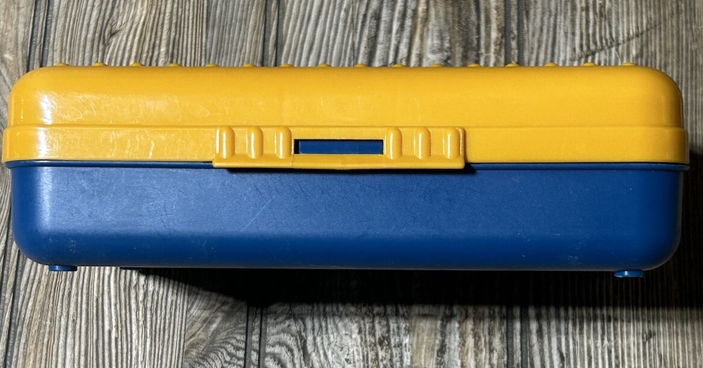 Vintage 90's Spacemaker Plastic Pencil Pen Storage Box Yellow Top & Blue Bottom