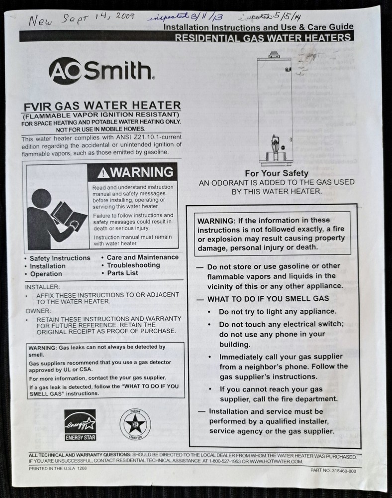 AO Smith FVIR Gas Water Heater Installation Instructions and Use & Care Guide