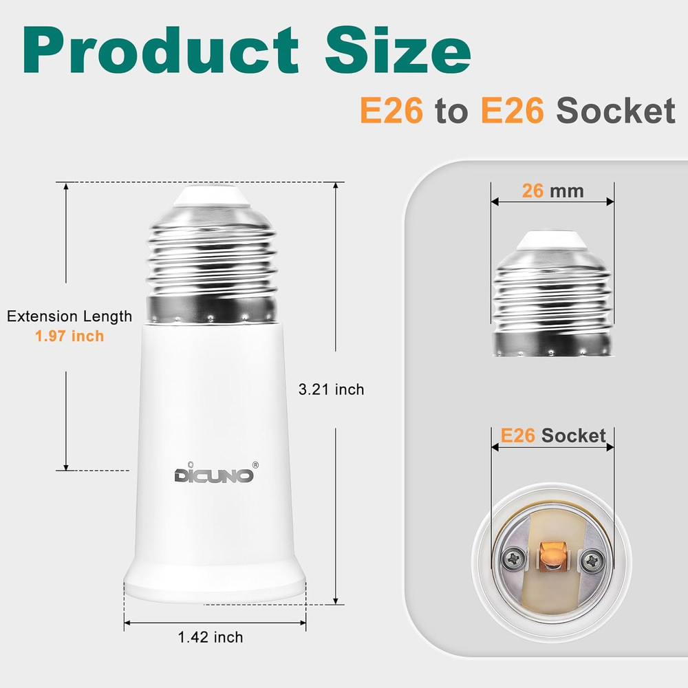 E26 Socket Extender, E26 Standard Medium Base Lamp Bulb Socket Adapter of 5CM/1.