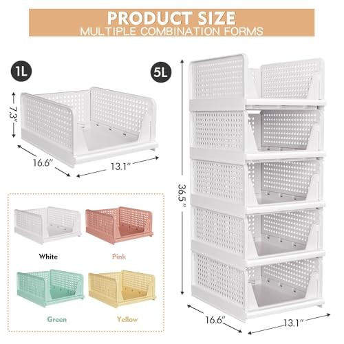 5 Pack Stackable Closet Storage Basket - Stackable Storage 5 Pack White White