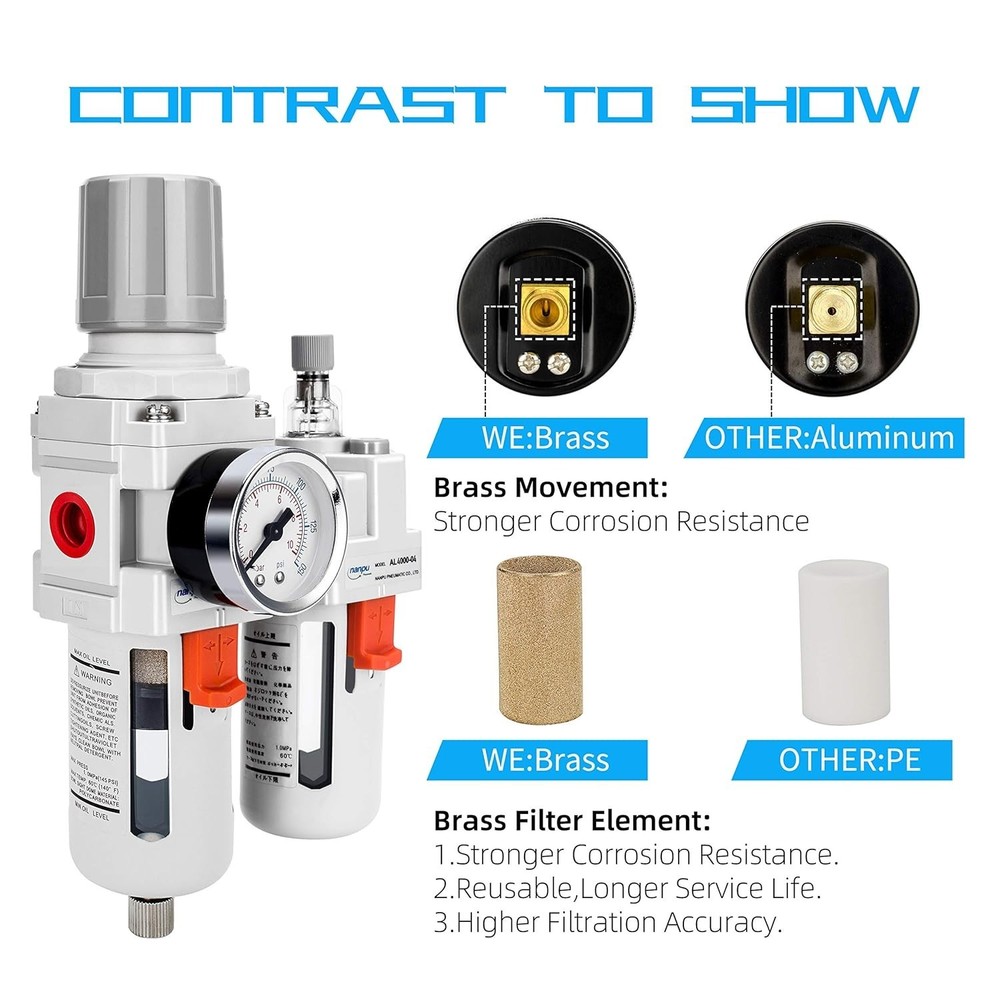 1/2" NPT Compressed Air Filter Regulator Lubricator Combo for Professionals