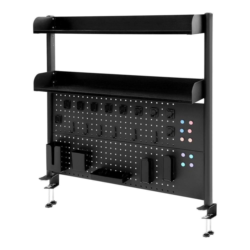 Premium Black Desktop Bookshelf with Adjustable Shelves & Pegboard Organizer