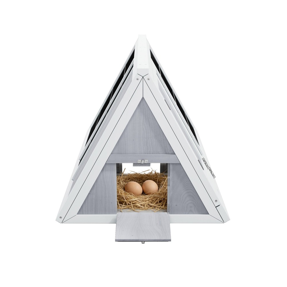 A-Frame Small Chicken Coop with Nesting Box, Egg Door & Wire Mesh Run, White