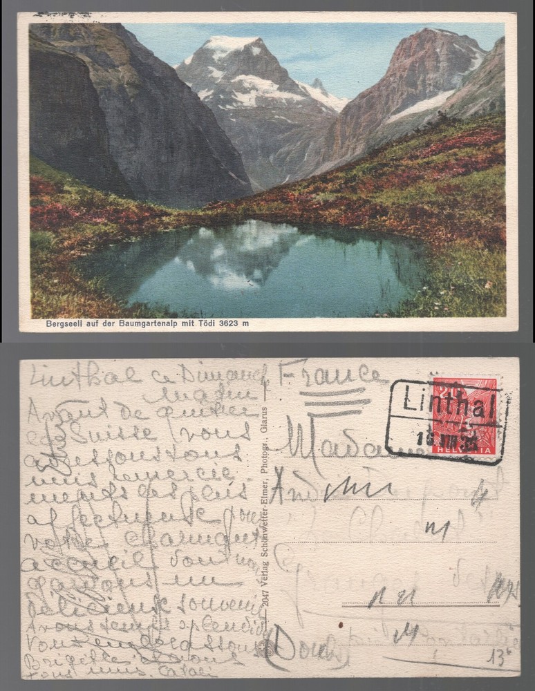 Switzerland 1935 Linthal Cancel. Baumgartenalp Postcard