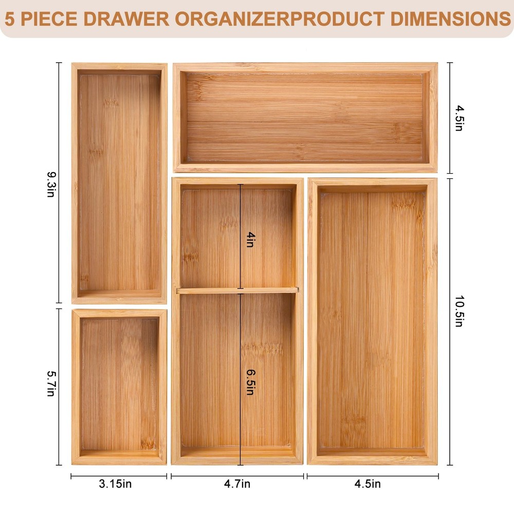 Bamboo Drawer Organizer 5 Pcs for Kitchen Multi-purpose Storage Dividers for ...