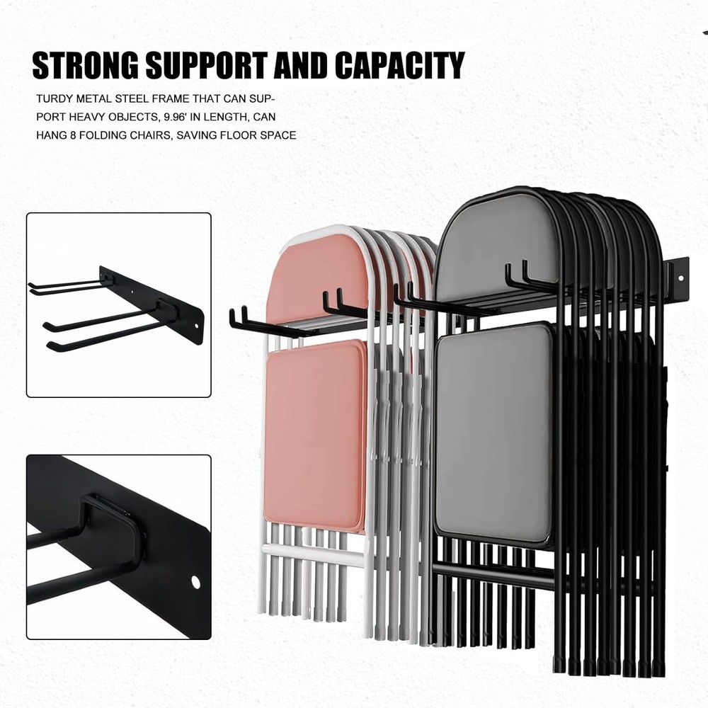 2Pack Folding Chair Storage Rack, Hangers for Garage Wall, Black