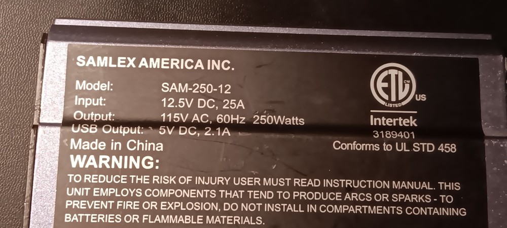 Samlex Power Inverter Dc-Ac 12 Model Sam-250-12