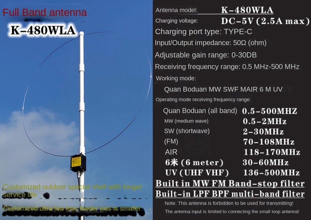 K-480WLA Medium/Short wave Full Band Antenna SDR LOOP Short Wave Antenna +Filter