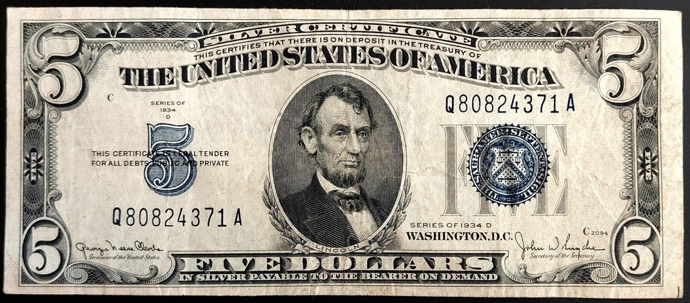 Series 1934 D $5 Silver Certificate! Nice! F-1654