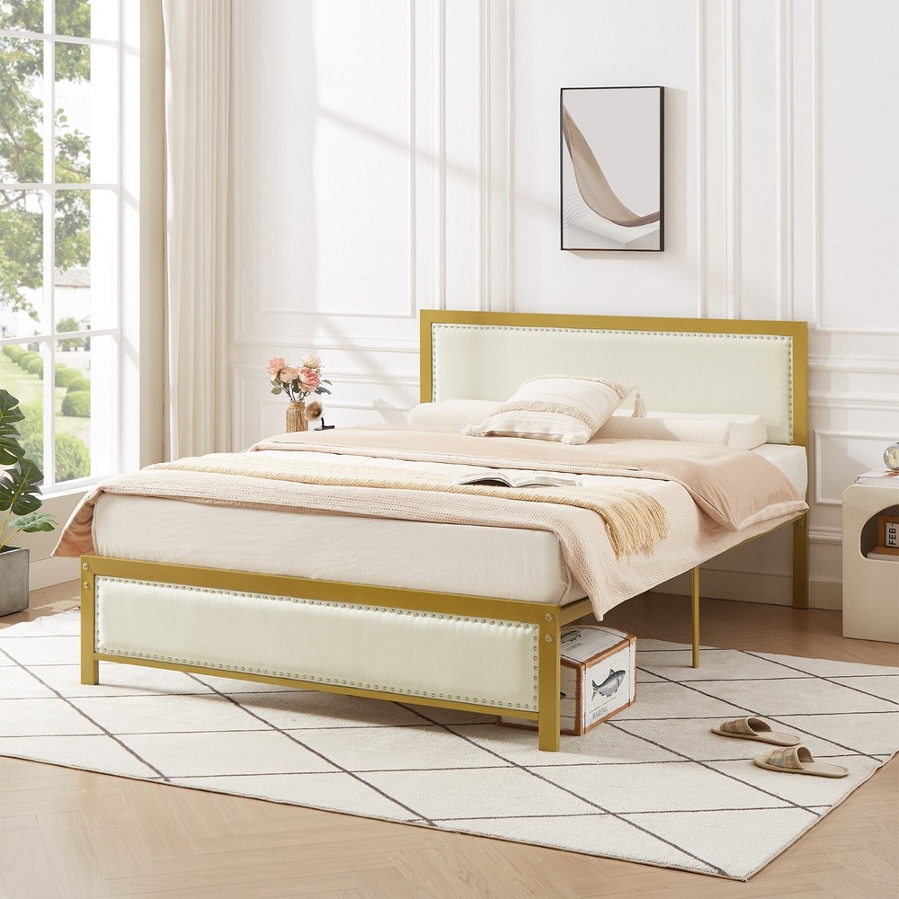 Twin Full Queen Size Bed Frame Metal Platform w/Upholstered Headboard Footboard