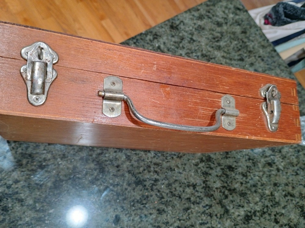 VINTAGE CHILDREN'S WOODEN TOOL BOX AND TOOLS SET