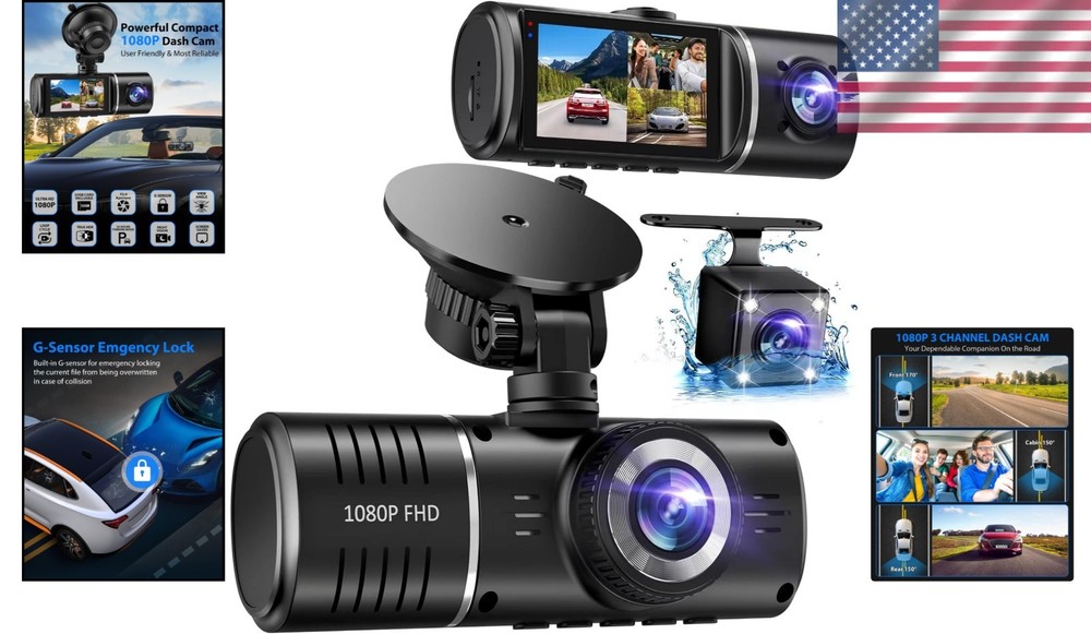 Triple Dash Camera 170° Front + 150° Cabin + Rear Waterproof