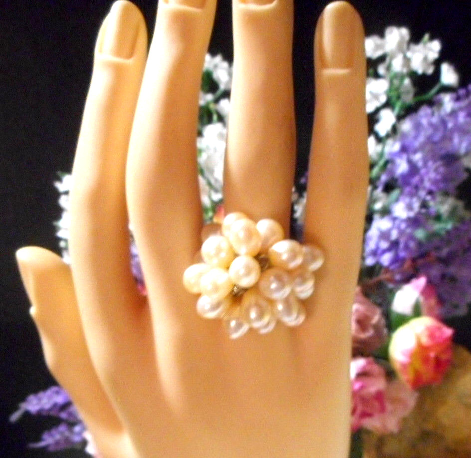 Silver tone setting with real pink freshwater pearl clustered ring