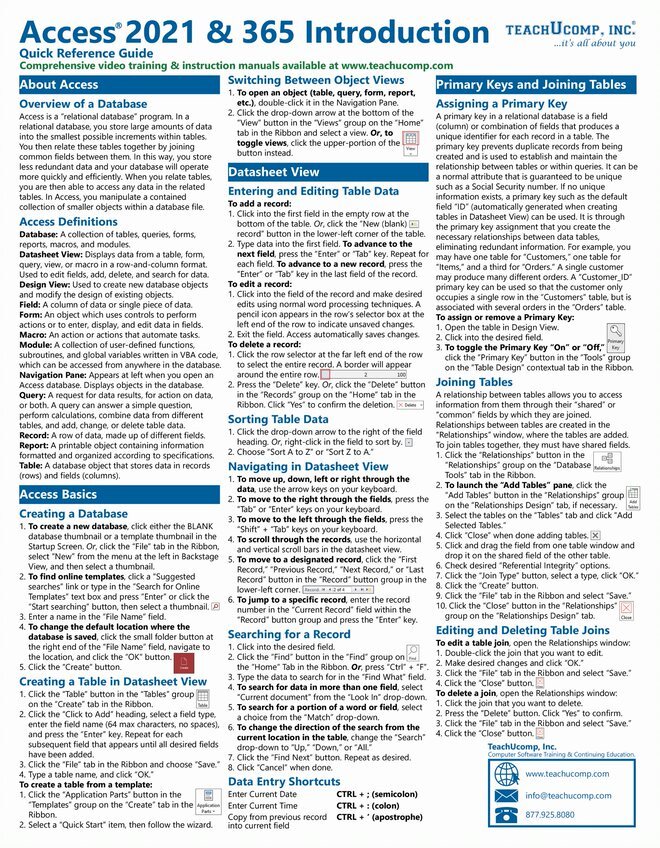 Access 2021 & 365 Training Guide Quick Reference Card Cheat Sheet Instructions
