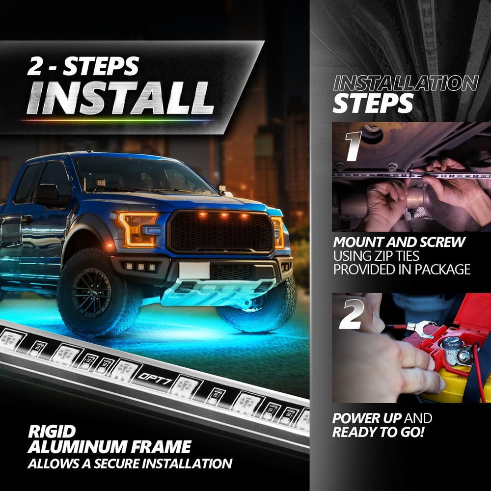 OPT7 Car LED Underglow Lighting Kit RGB Bluetooth Aluminum Accent Strips AuraPro