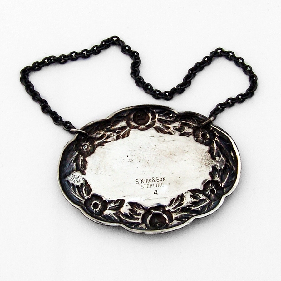 Kirk Repousse Brandy Decanter Bottle Tag Label Sterling Silver