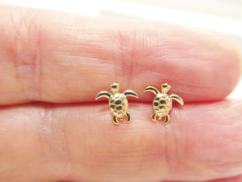 10K REAL SOLID YELLOW GOLD TURTLE SCREW BACK POST EARRINGS