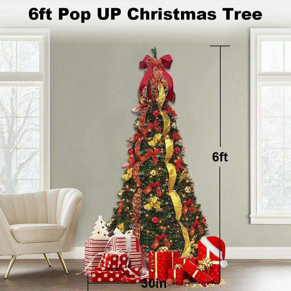 6ft Pop Up Pre Lit Christmas Tree Pull Up Xams Decor Tree 200 Lights Collapsible