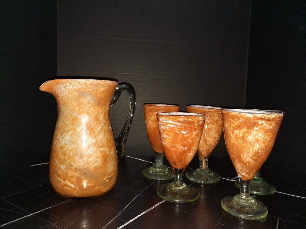Hand Blown Glass Pitcher And Goblets