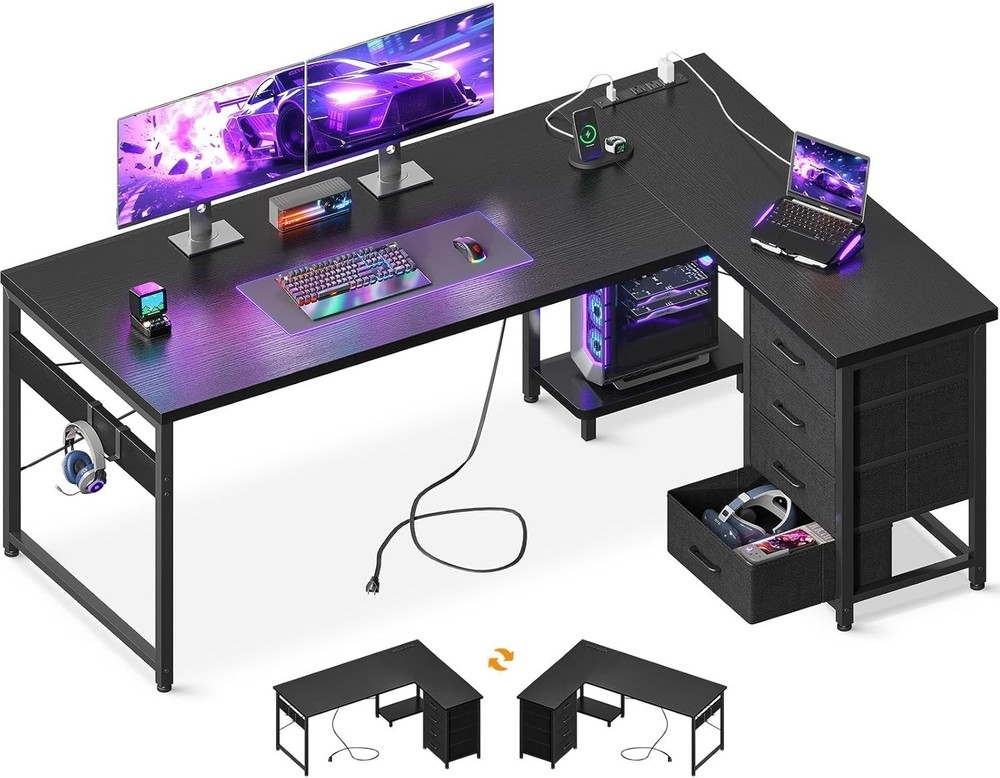 Home Office L Shape Corner Computer Desk Gaming PC Table with CPU Stand Side Bag