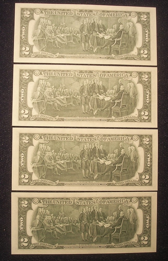 Four 1976 $2 Dollar Notes with Consecutive Serial Numbers and Low Seal Error