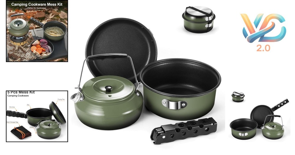 5PCS Camping Cookware Set Non-Stick Pot Pan Kettle Removable Handle Green
