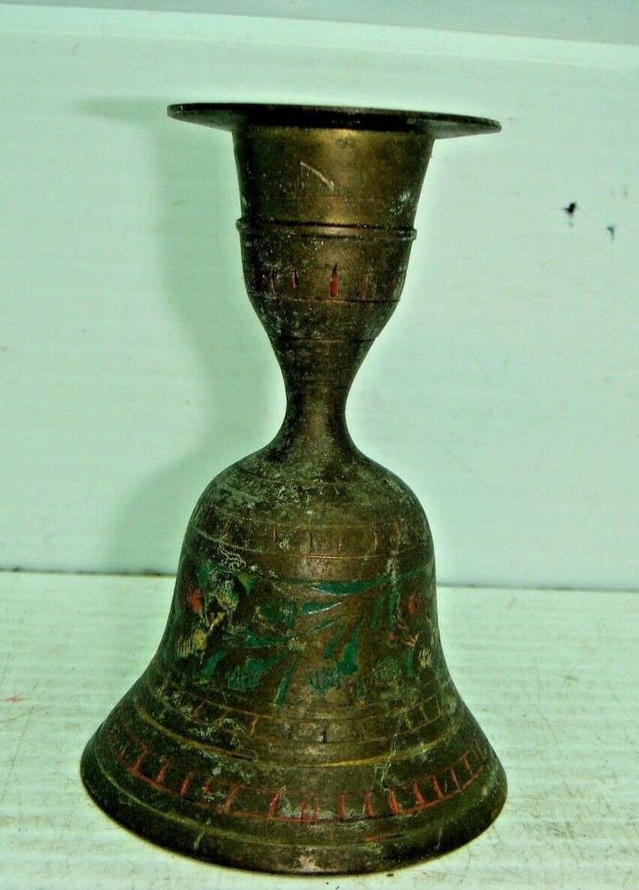 Vintage Solid Brass Dinner Bell / Candle Holder Engraved Design