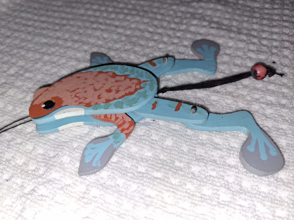 Vintage Painted Wooden Pull String Frog Jumping Jack w/ Original Paint