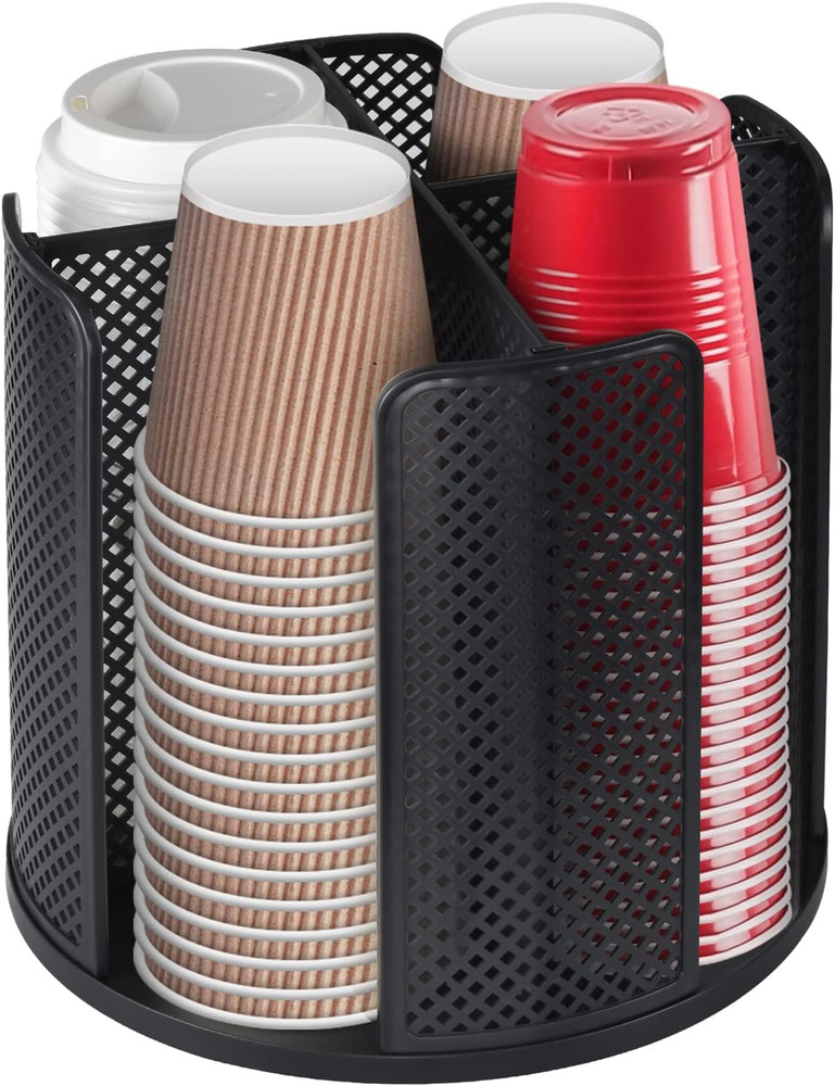 Coffee Cup Dispenser, Rotatable Cups and Lids Holder for 5-16Oz Cups 4 Compartme