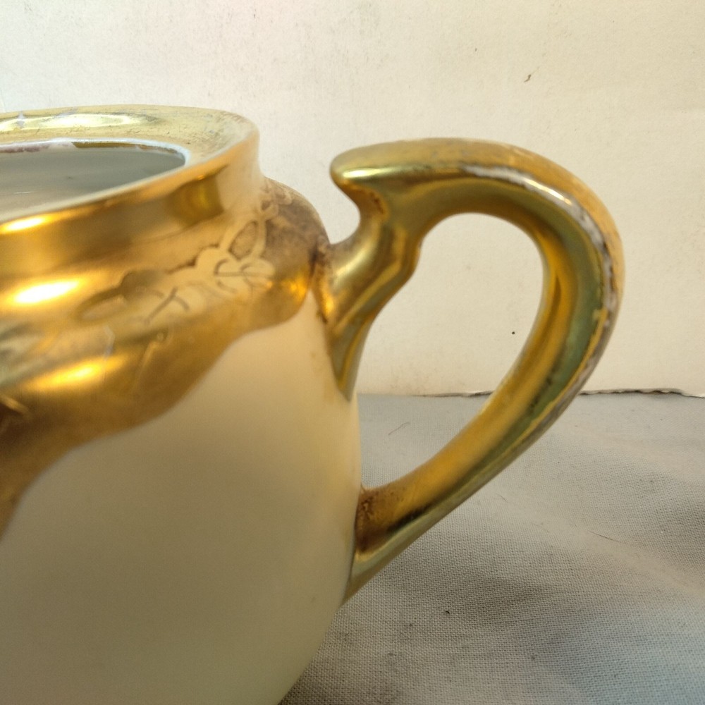 Ceramic Sugar Bowl Opalescent Gold Rim Handles Antique