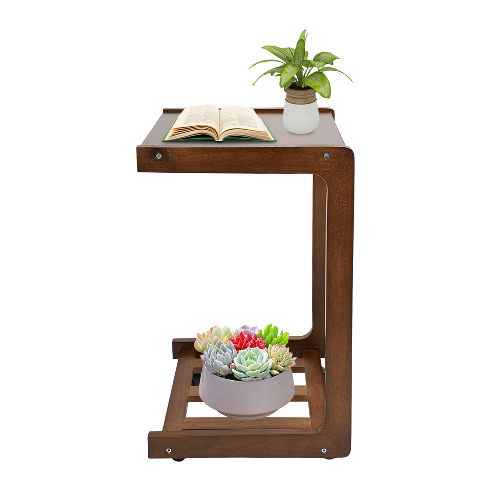 C-shaped End Table W/ Universal Wheels Walnut-colored Freestand Small Side Table