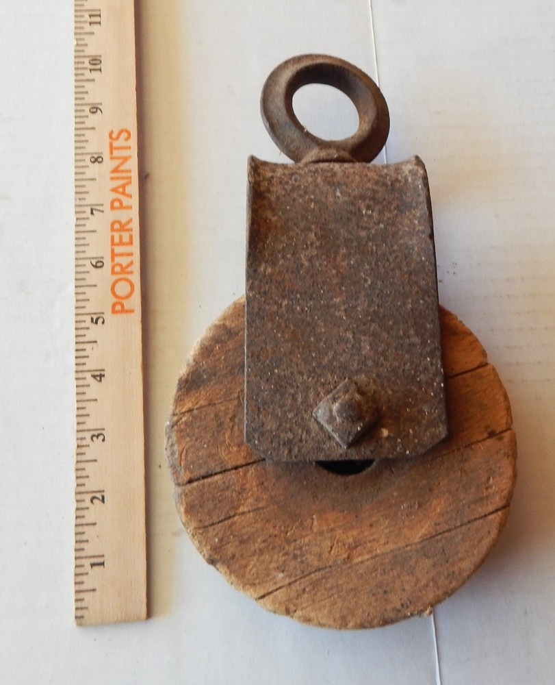 Antique Primitive Cast Iron & Wood Barn Pulley