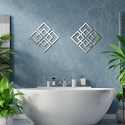 Wall Mount Home Mirror, 2 Pieces Square Decorative Mirror for Mirrored Silver