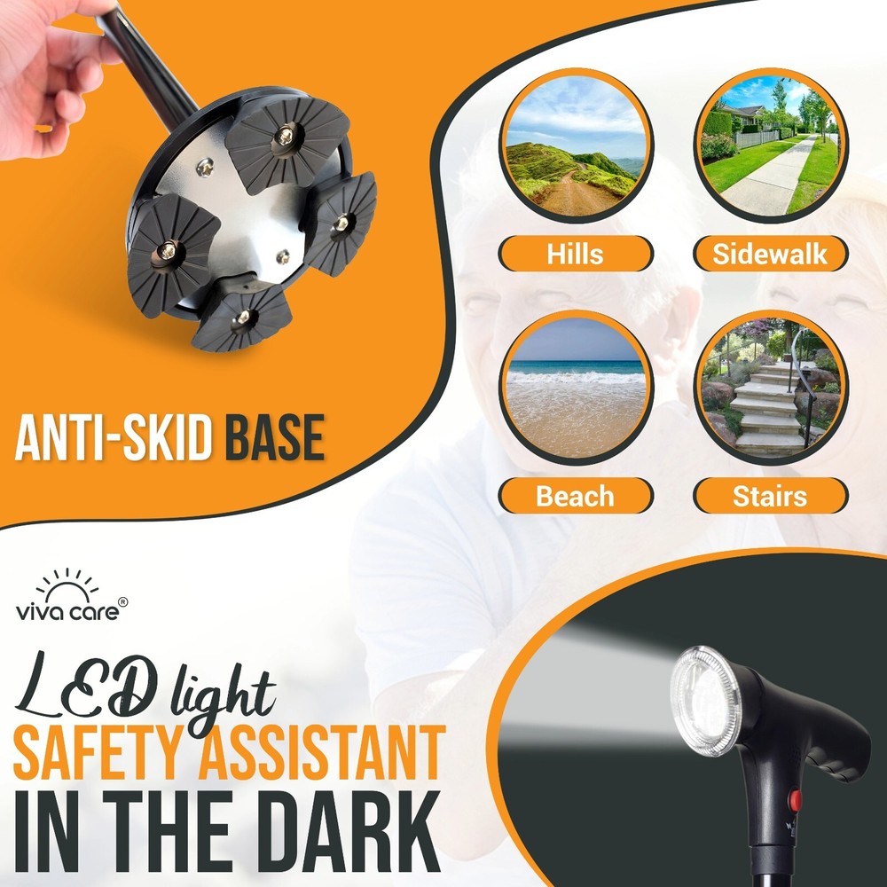 Walking Cane with Light & Alarm - Foldable Adjustable - Size M - New