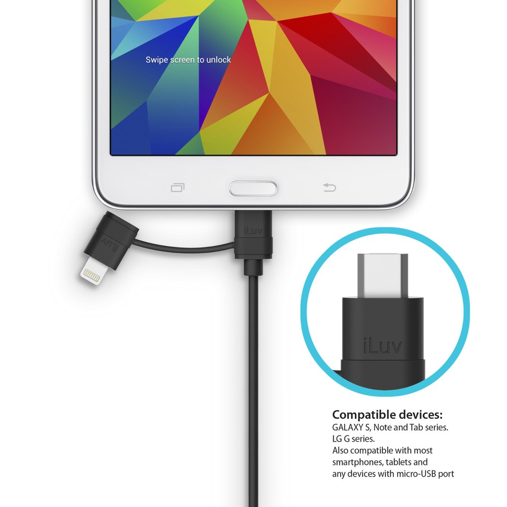 iLuv ICB267 2-in-1 SYNC/CHARGE Lightning Cable with Micro USB for Apple/Android.
