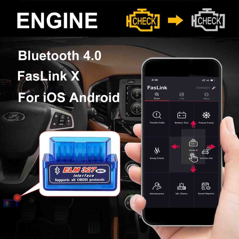 OBD2 Car Bluetooth Scanner Code Reader OBDII ELM327 Read Tool For iPhone Android