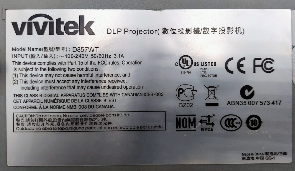 Vivitek D857WT Projector *Lamp Hours 1467*