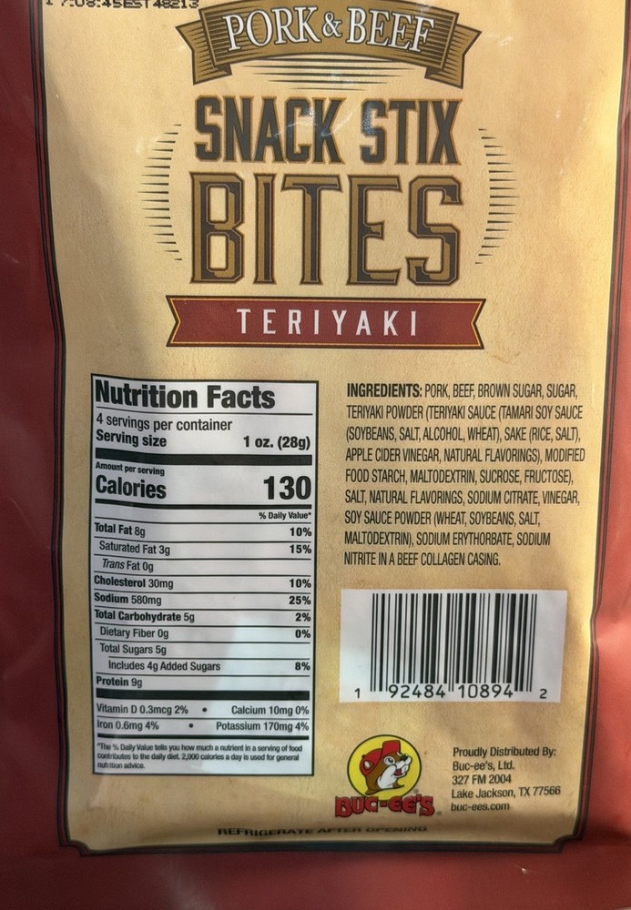 Bucees Snack Stick Bites Teriyaki 4 oz