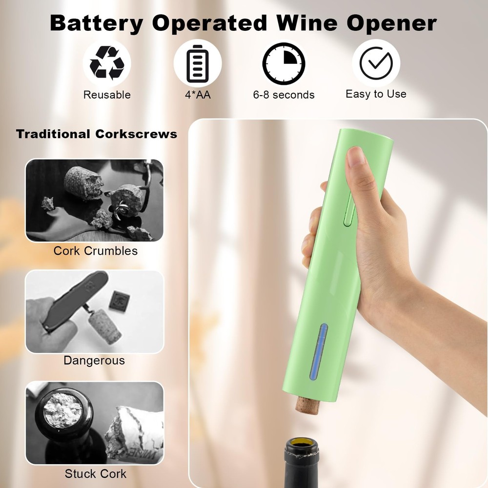COKUNST Battery Wine Opener, Automatic Corkscrew with Foil Cutter Gift Green