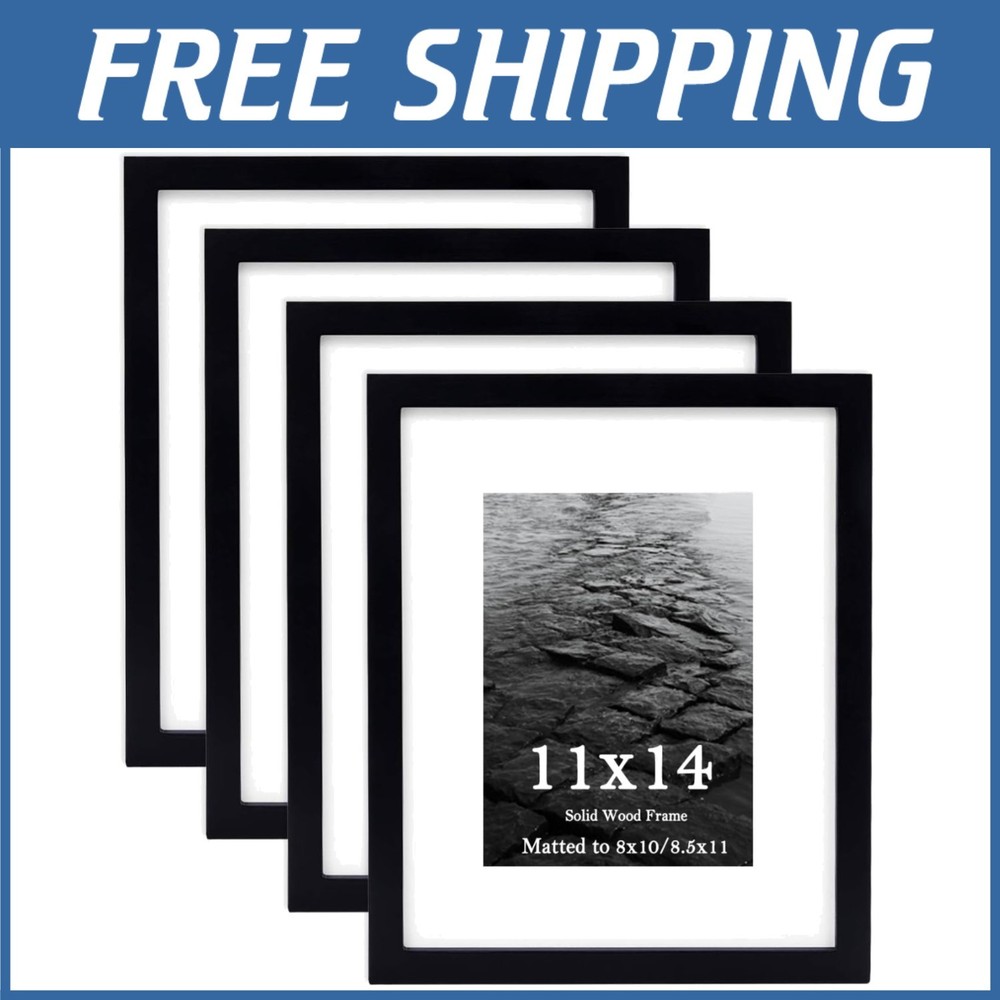 4 Pack 11x14 Picture Frames, Solid Wood, Real Glass, Black