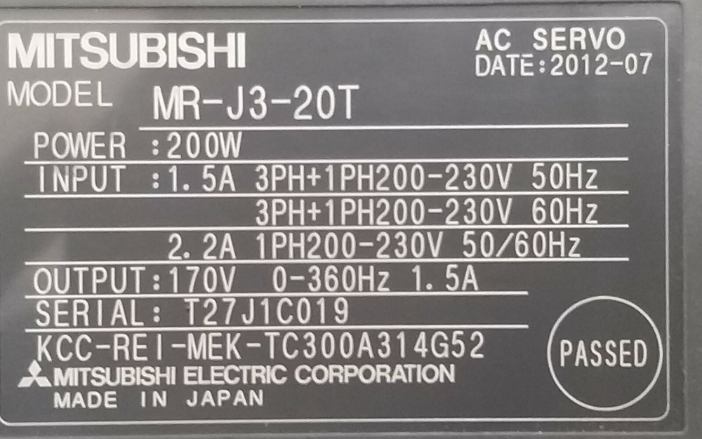 MITSUBISHI MR-J3-20T AC SERVO. USED