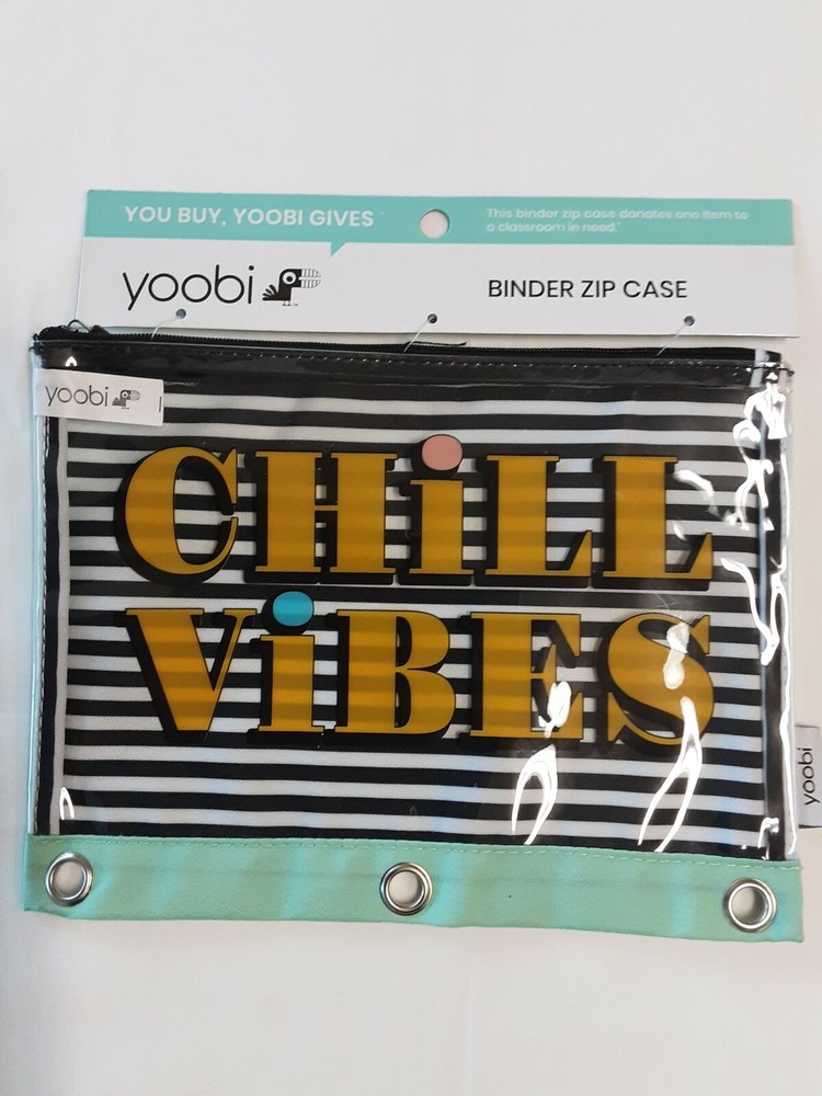 Yoobi Binder Zip Case "Chill Vibes" Clear W/Black & White Striped & Turquoise