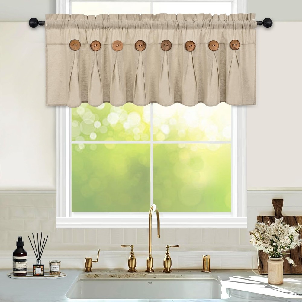 Farmhouse Valance Curtains, Boho Cotton Linen Kitchen Valance, Rustic Button ...