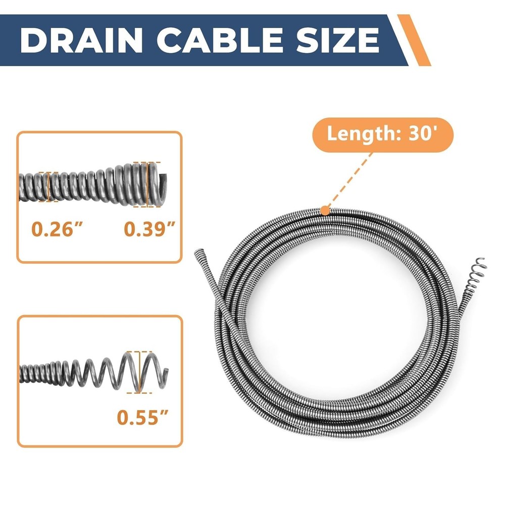 Spin Cable Replacement for Ridgid Auto-Spin Drain Snake, 1/4" x 30' Snake Cable