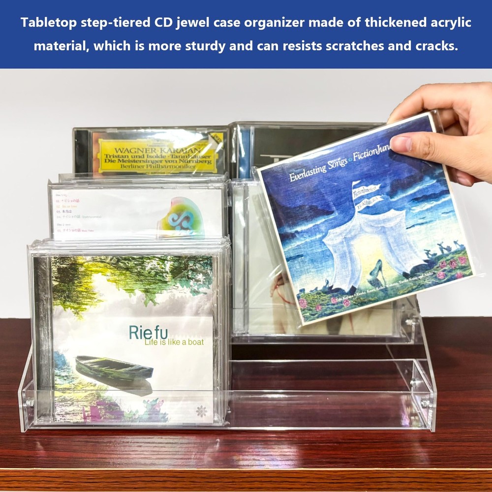3Tier Clear Acrylic CD Holder Cascading Storage Rack Holds 24 Cases Medium