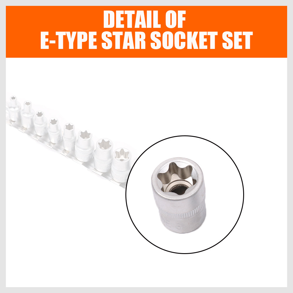 11 pc Torx Star Bit External Female E Socket Set Automotive Shop Tools with Rail