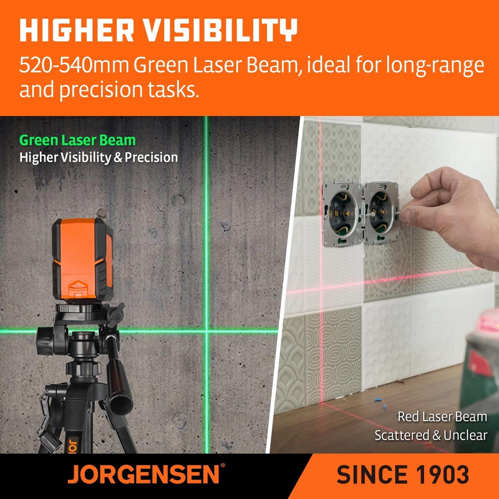 JORGENSEN Laser Level with Tripod, 100 FT Dual Modules Self Leveling Orange