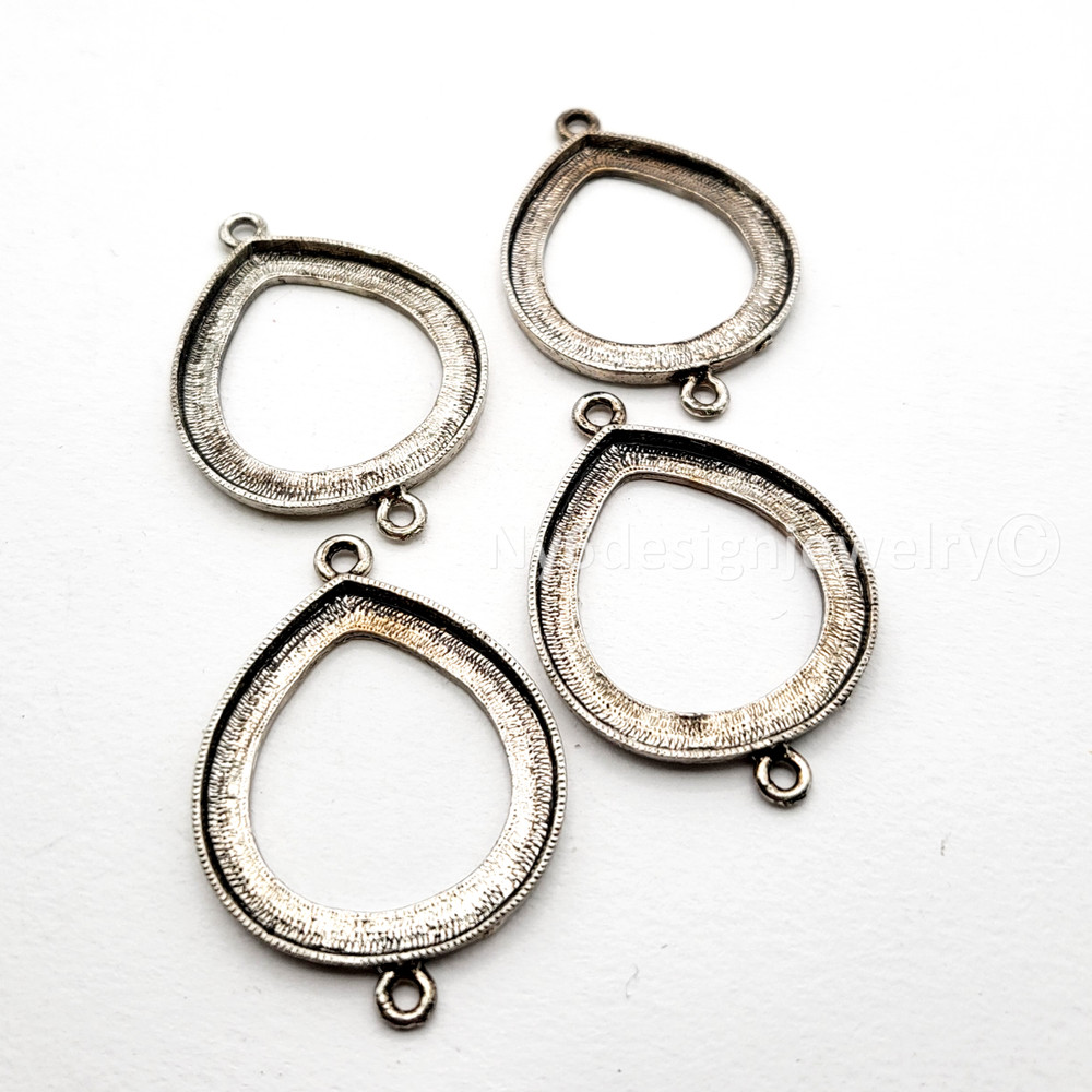 Antique Silver Plated Open Back Oval Teardrop Cabochon Setting Connector 42x30mm